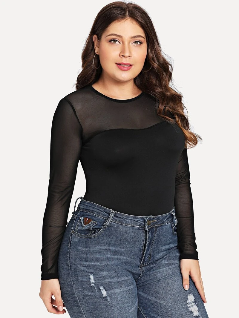 Plus Sheer Bodysuit Lace Panel Neck SleeveRound Black Long Autumn Sleeve rrUOqdxSw