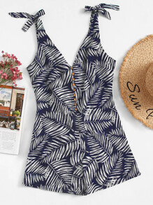 Plant Print Single Breasted Knot Jumpsuit