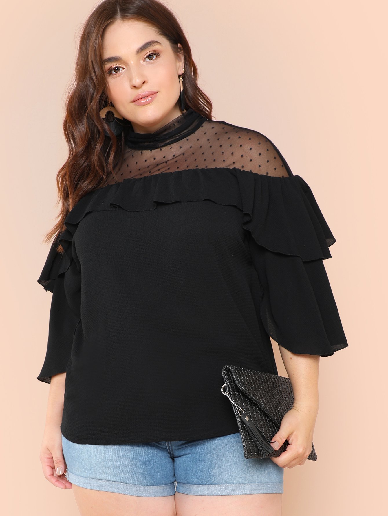 Mock Neck Dot Mesh Yoke Flounce Foldover Front Top
