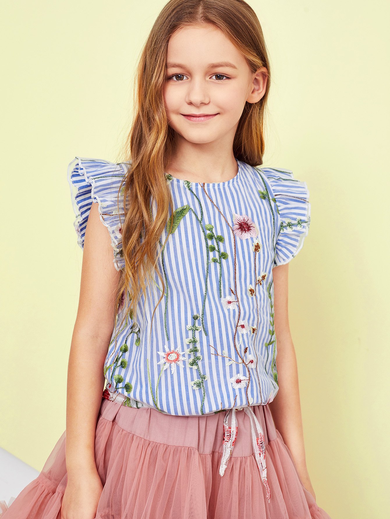Девушки Ruffle Armhole без рукавов Вышитые сверху