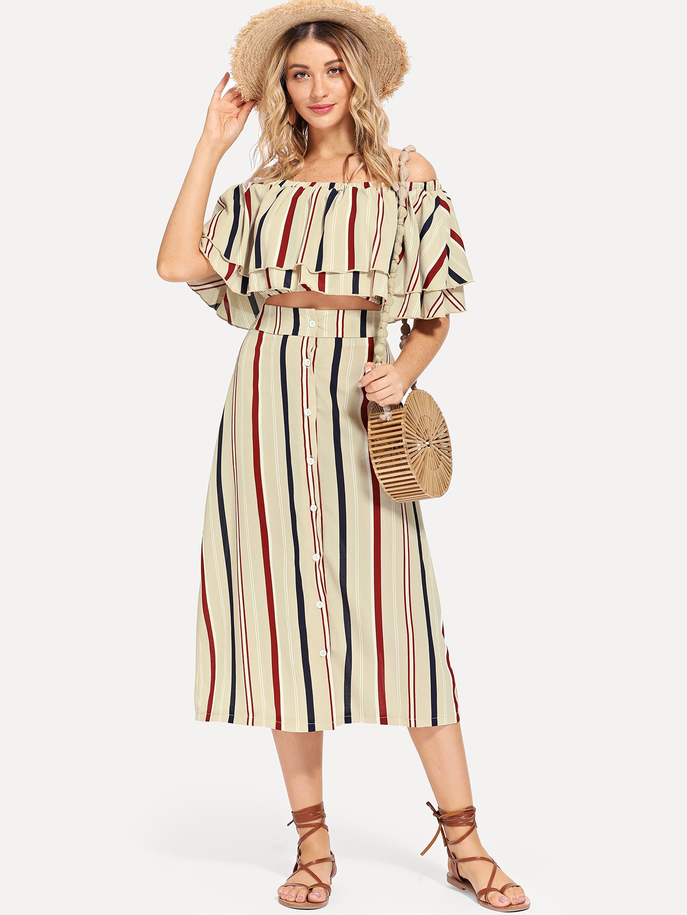 Ruffle Off Shoulder Striped Top & Button Up Юбки Co-Ord