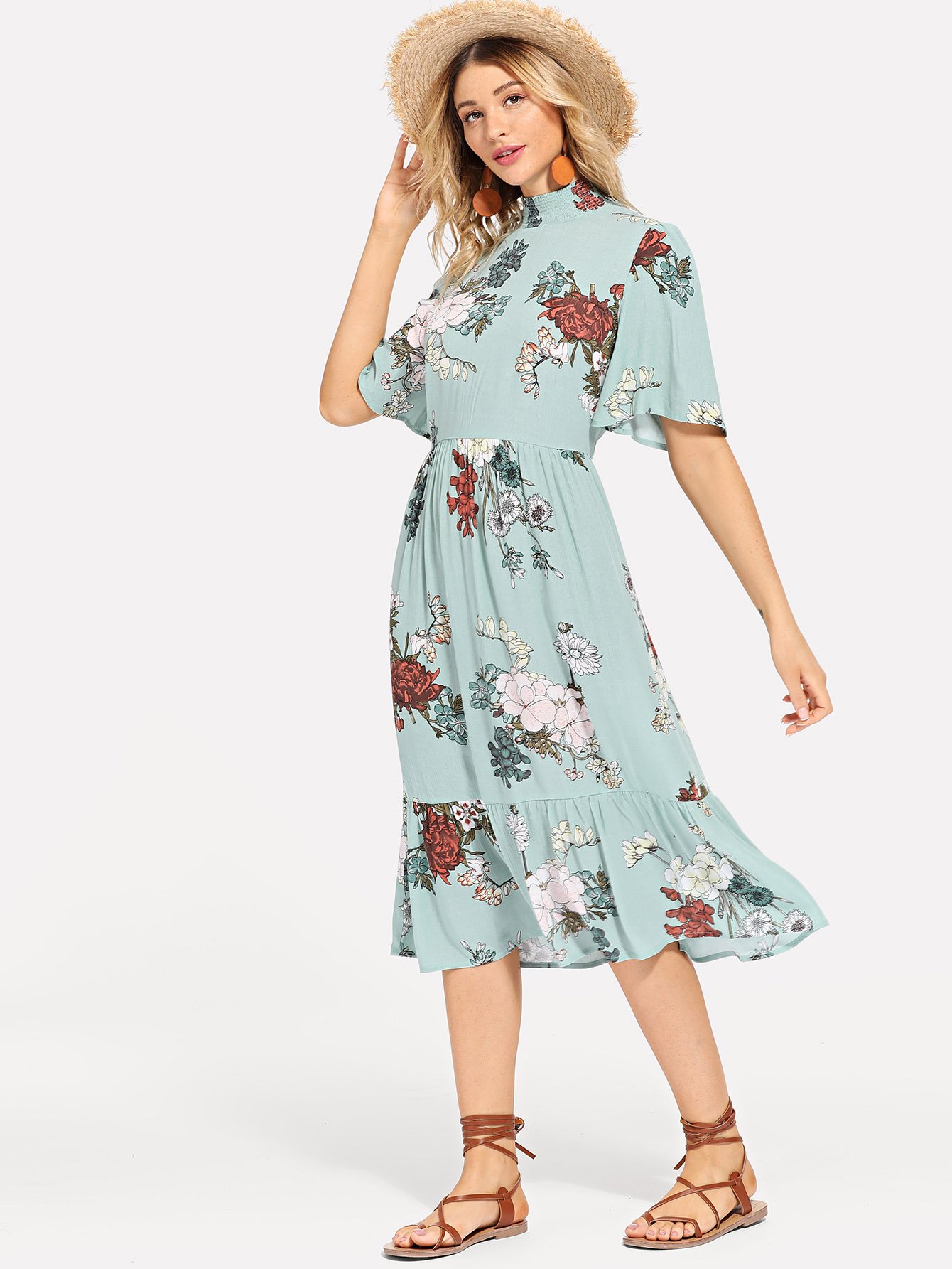 Shirred Mock Neck Keyhole Back Цветочные платья