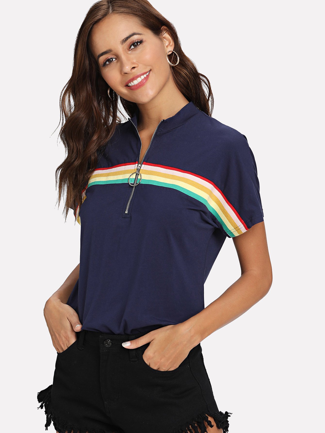 O-Ring Zip Half Placket Up Полосатый тройник