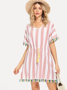 Striped Drawstring Fringe Dress