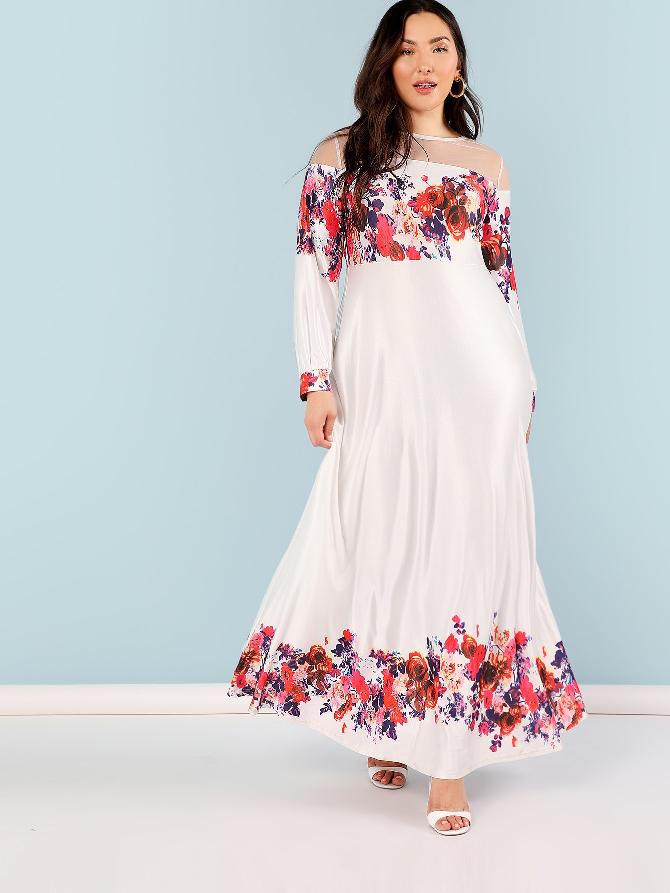 где купить Plus Mesh Yoke Fit and Flare Floral Dress по лучшей цене