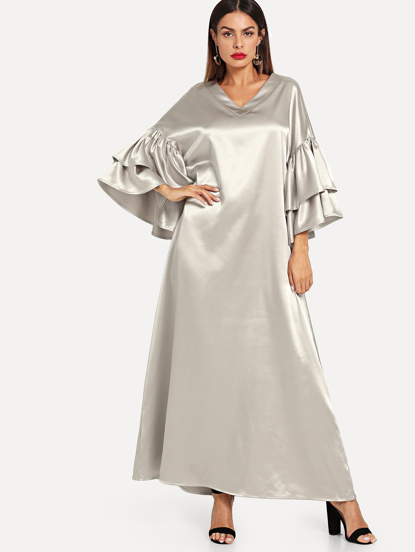 Layered Flounce Sleeve Silky Hijab Long Dress