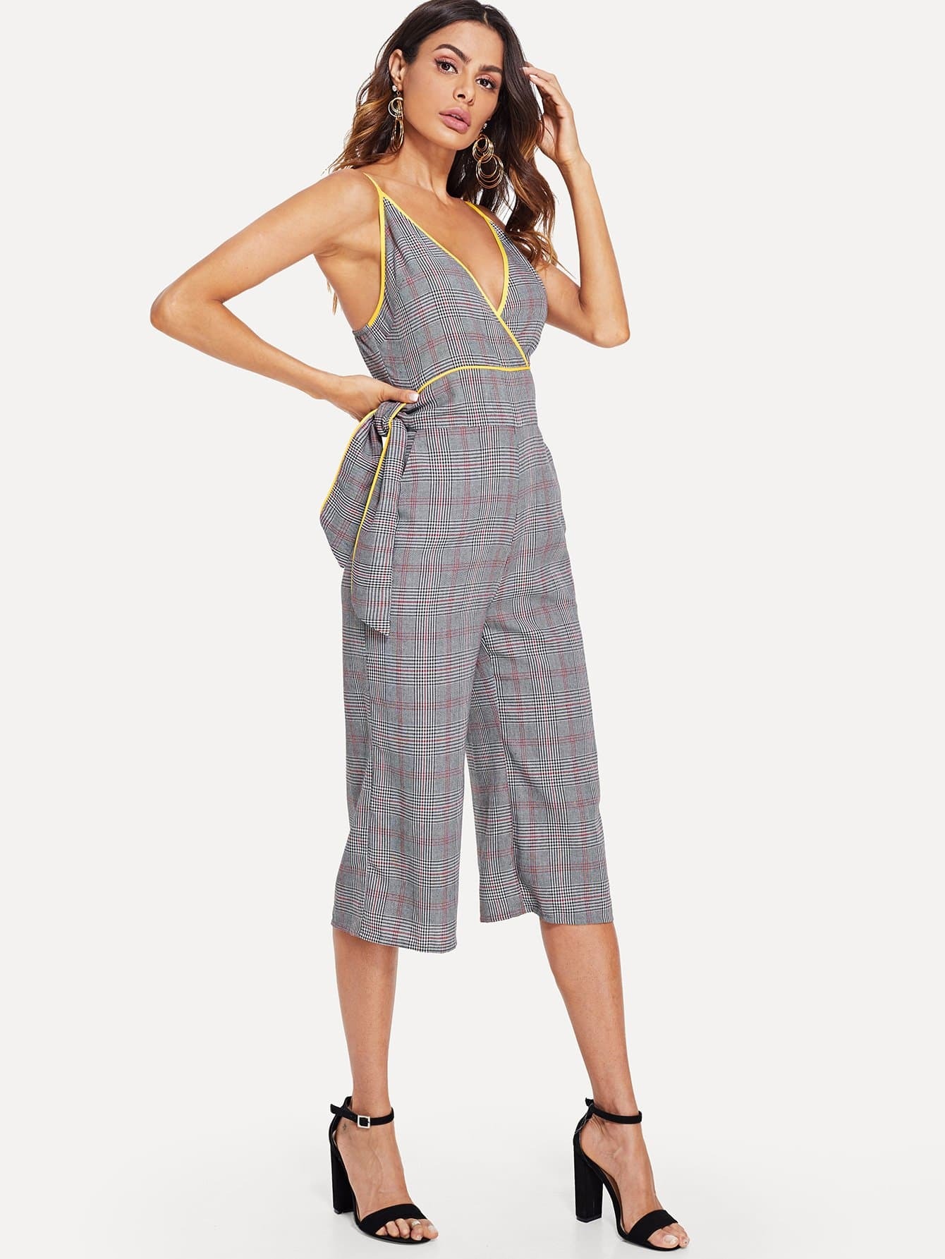 Zip Back Knot Plaid Cami Широкий комбинезон для ног