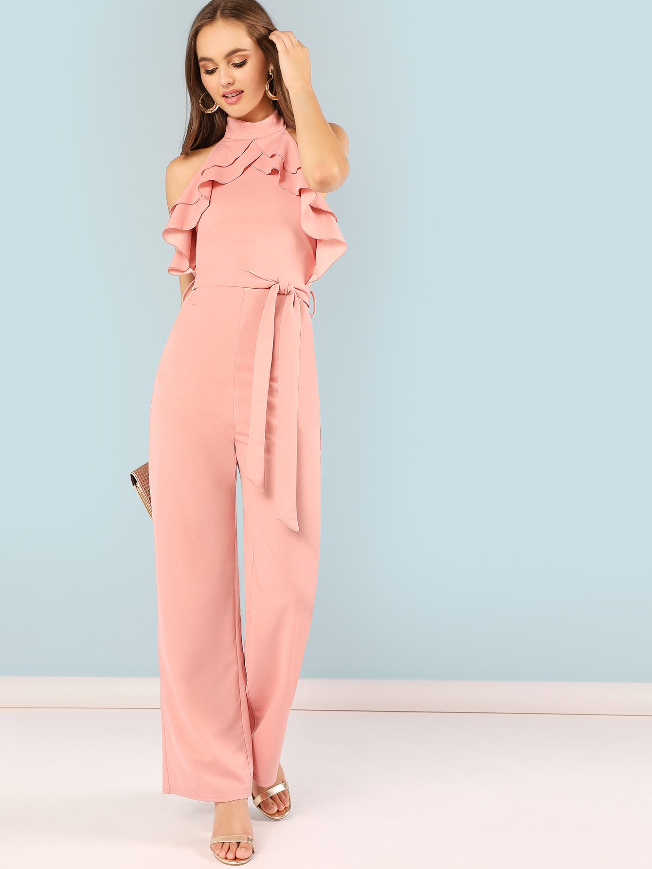 Mock Neck Layered Ruffle Trim Поясный комбинезон