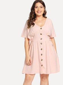 Plus Button Decoration V Neck Dress