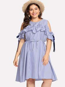 Plus Cold Shoulder Ruffle Striped Dress