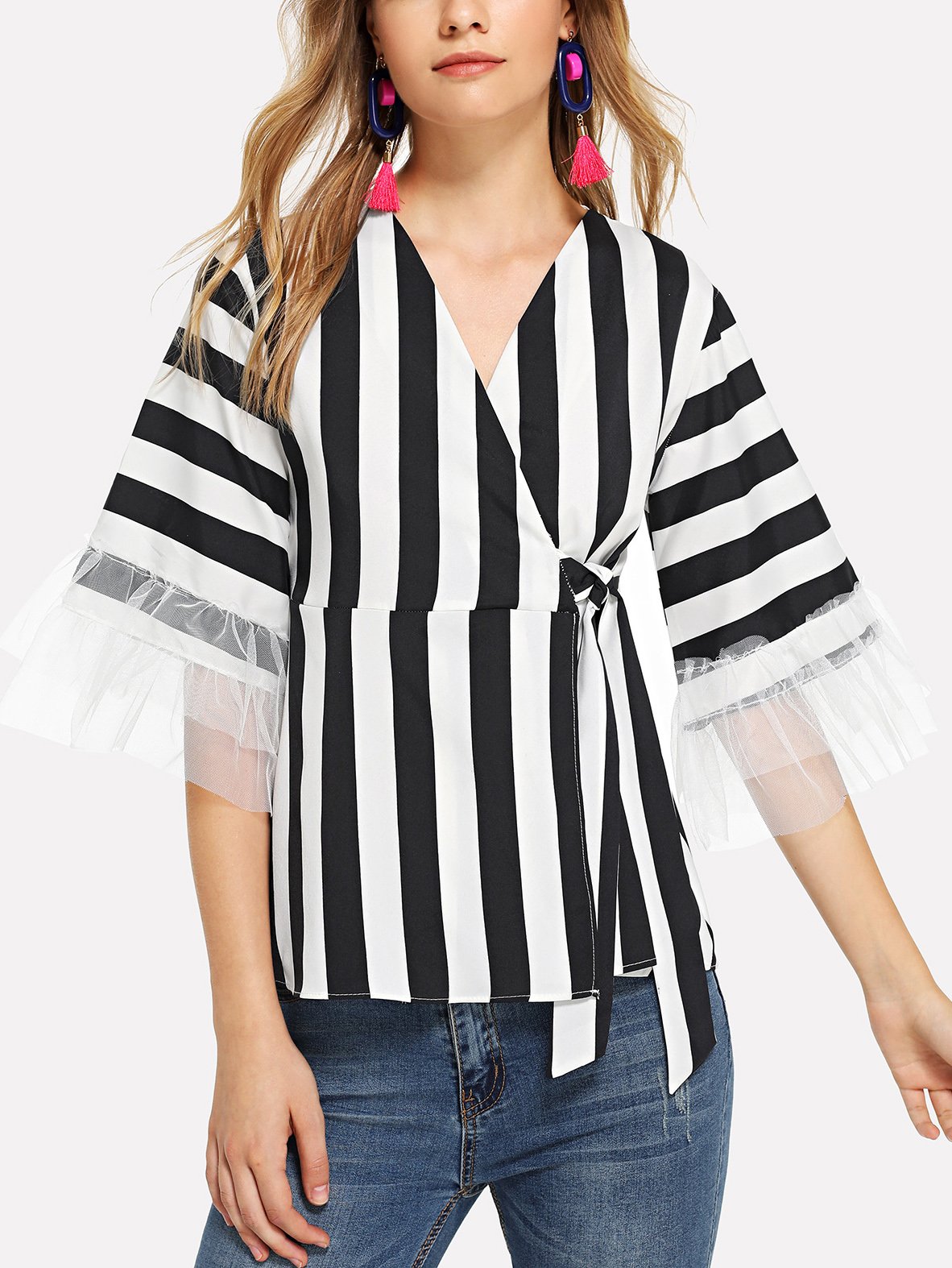 цена Sheer Mesh Panel Striped Blouse