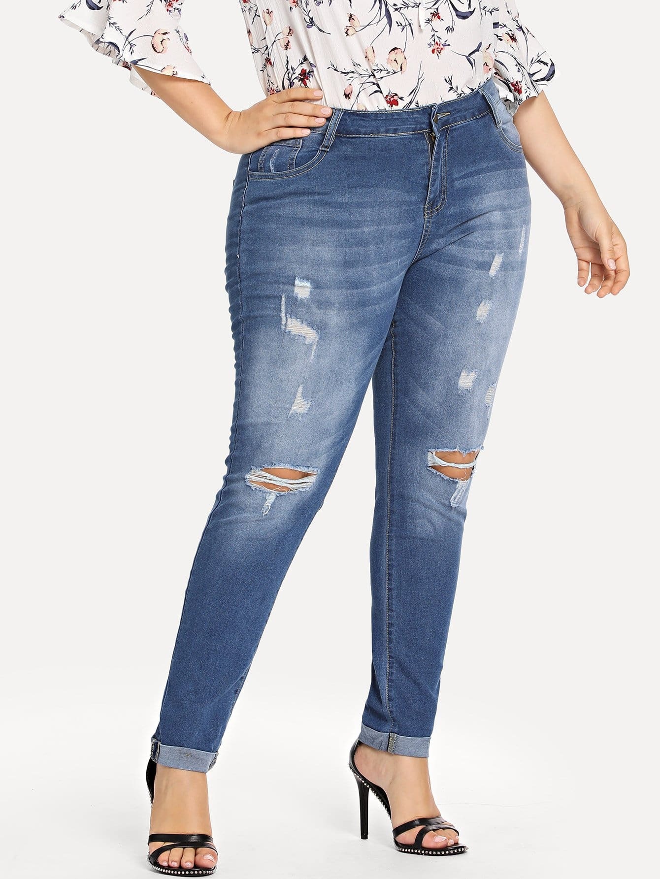Plus Roll-Up Ripped Bleach Wash Skinny Jeans