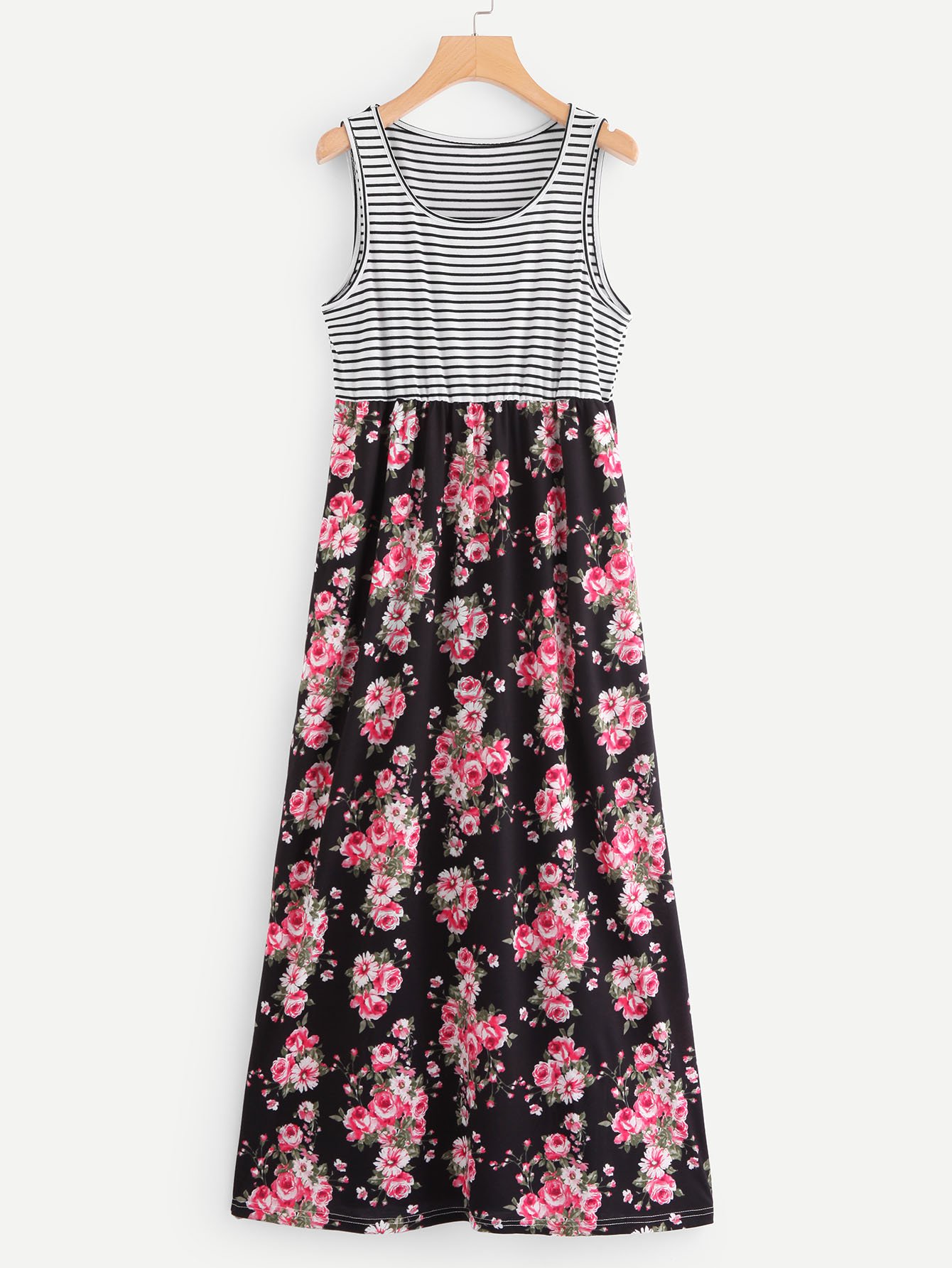 Allover Floral Print Striped Sleeveless Dress