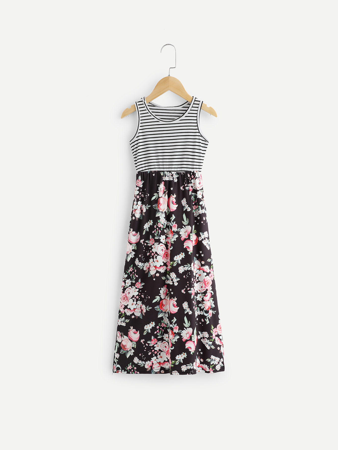 Girls Contrast Striped Floral Print Sleeveless Dress