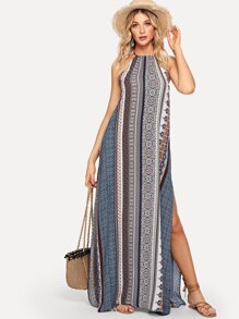 Geo Print Open Back Split Halter Dress