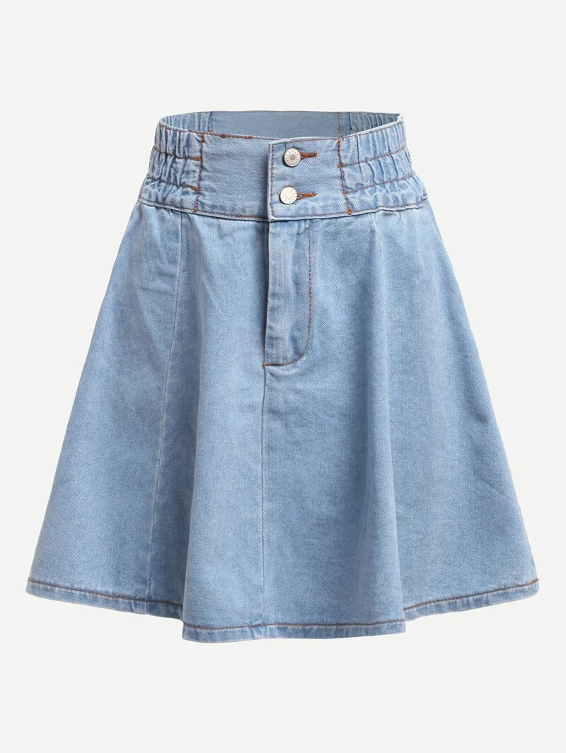 Summer Skirt Shirred Waist Button Shift Double Short Denim Knee Blue Above Silhouette qRvtxfnwU