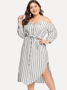 Plus Cold Shoulder Self Tie Waist Striped Dress