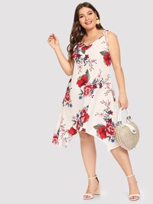 Plus Floral Asymmetrical Hem Strap Dress