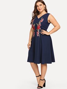 Plus Embroidered V Neck Dress