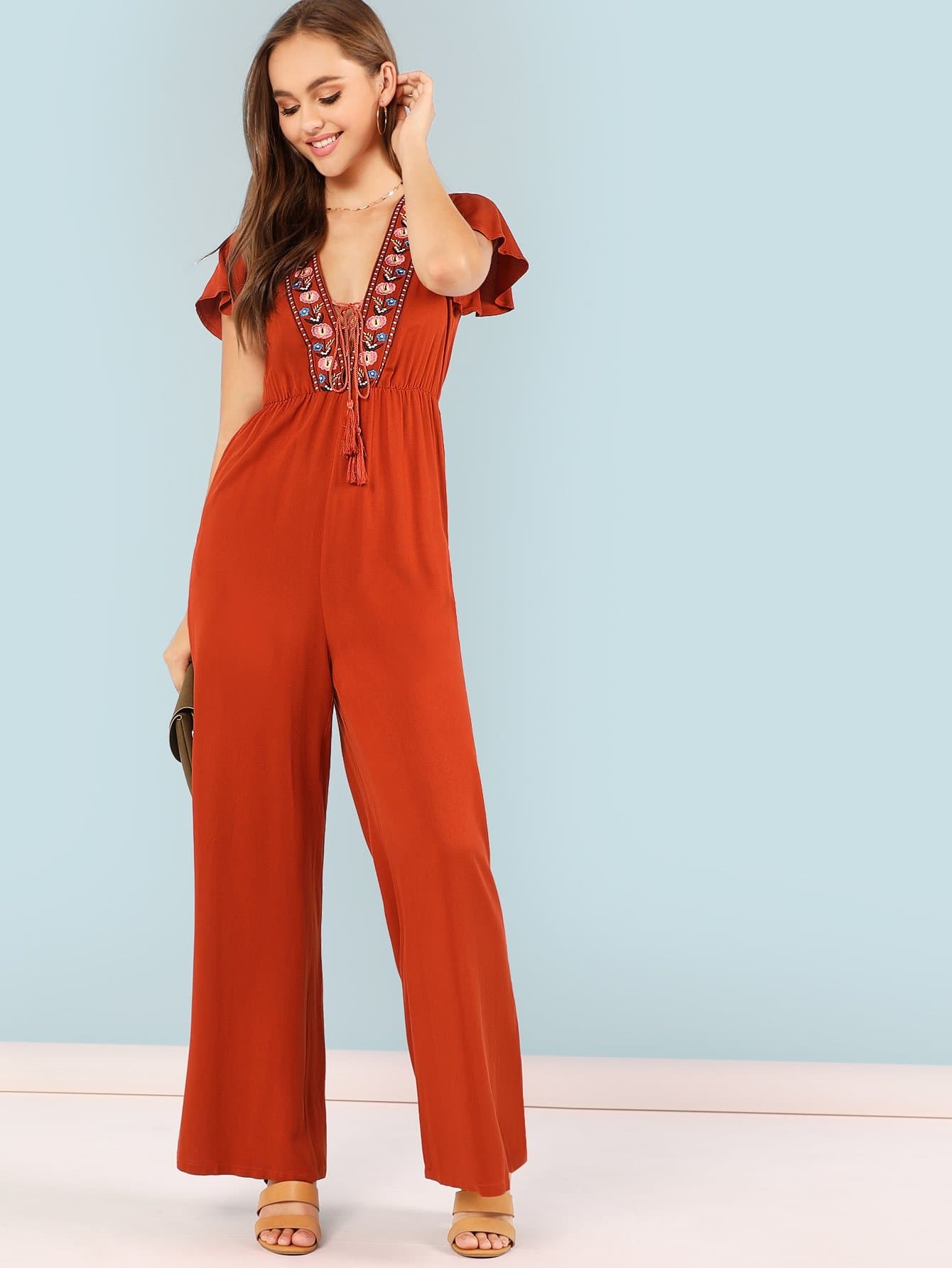 Tassel Tie Plunging Neck Цветочный вышитый широкий комбинезон для ног