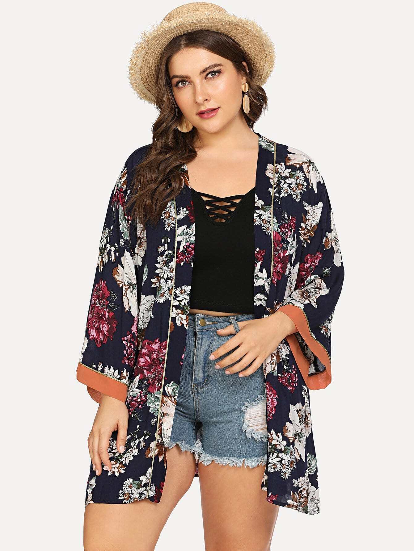 Allover Flower Print Контрастность Trim Longline Kimono