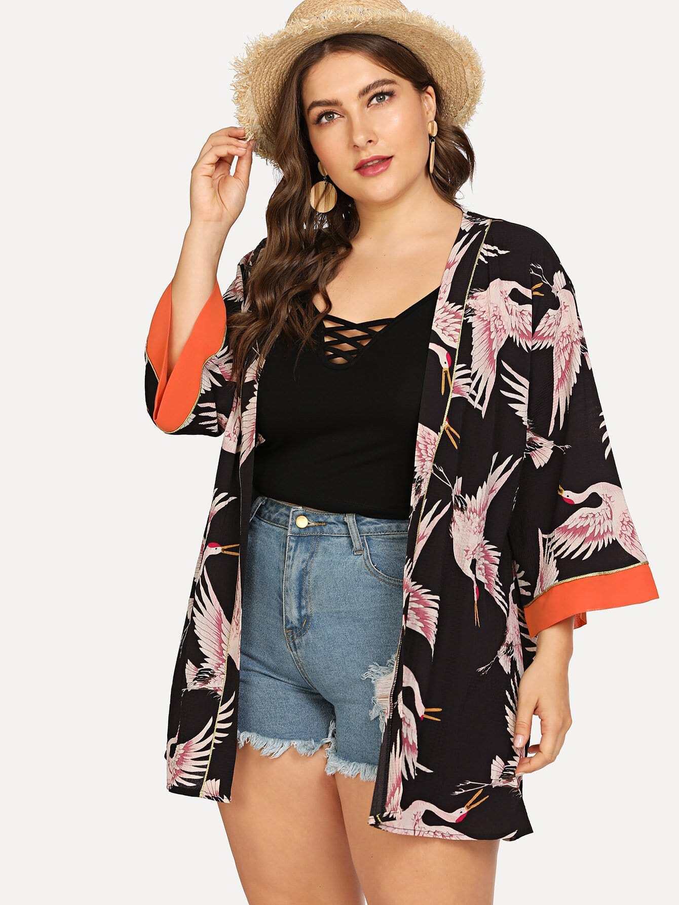 Allover Flower Print Контрастность Trim Longline Kimono