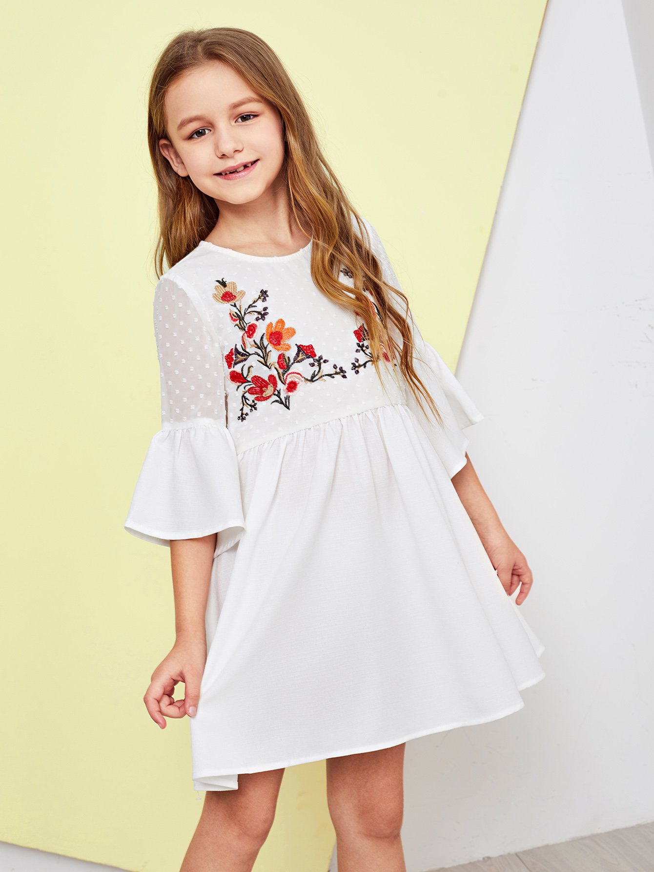 Девушки Dot Mesh Flounce Sleeve Вышитые платья