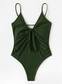 Knot Front Plain Swimsuit
