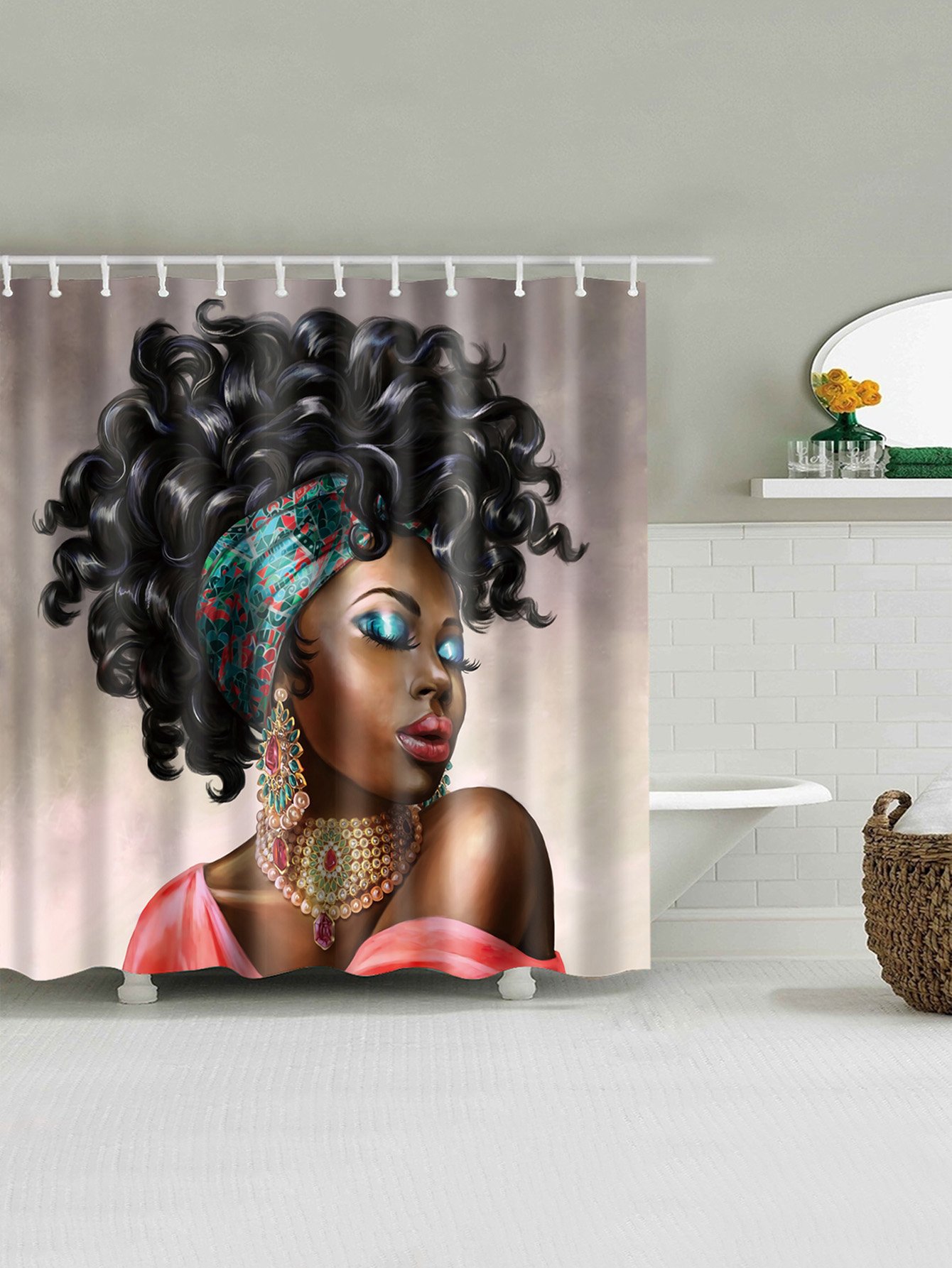 Figure Pattern Shower Curtain With 12pcs Hook