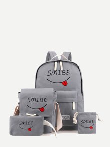 Letter Print Flap Canvas Backpack 4pcs