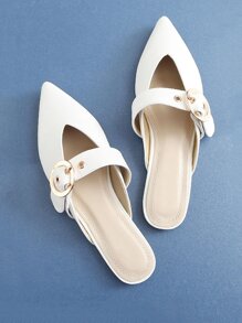 V Cut Buckle Strap Flat Mules