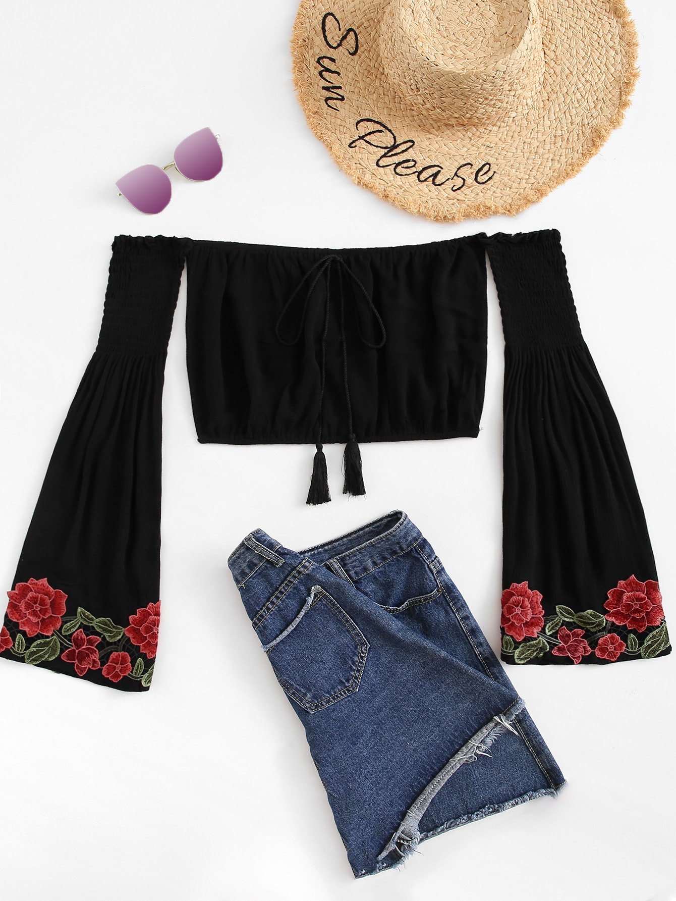 Bardot Embroidered Applique Flare Sleeve Crop Top