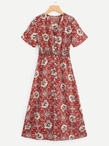 V Neckline Floral Print Dress