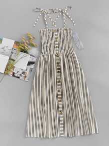 Single Breasted Striped Shirred Cami Dress