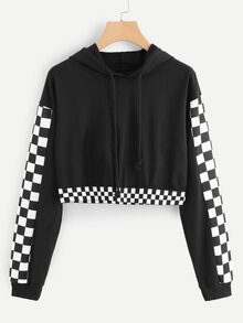 Gingham Panel Drawstring Sweatshirt
