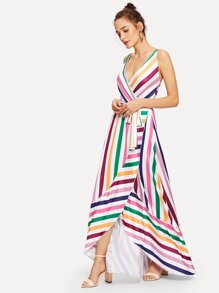 Striped Belted Dip Hem Cami Dress
