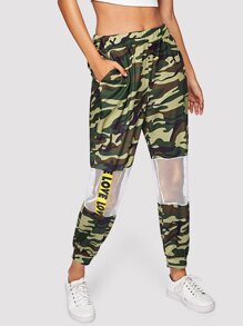 Contrast Mesh Camo Print Pants