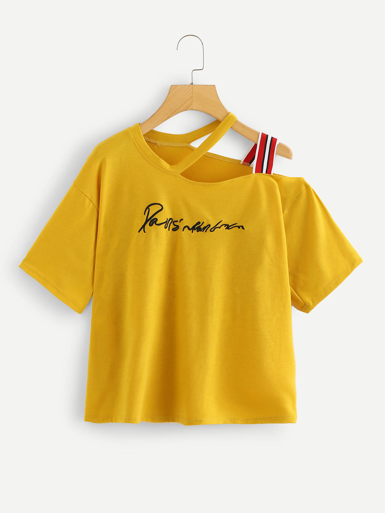 Plus Asymmetrical Neck Slogan Embroidered Tee