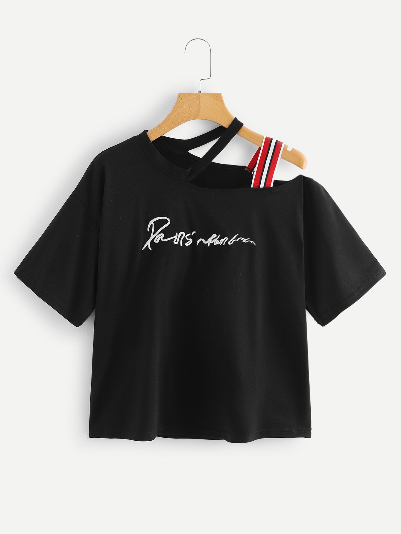 Plus Asymmetrical Neck Slogan Embroidered Tee