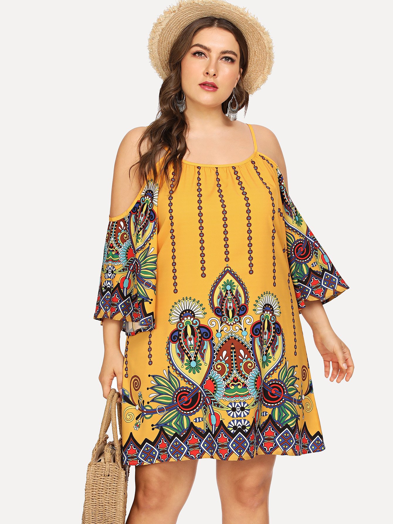 Плюс Geo Print Kimono Sleeve Cold Shoulder Dress