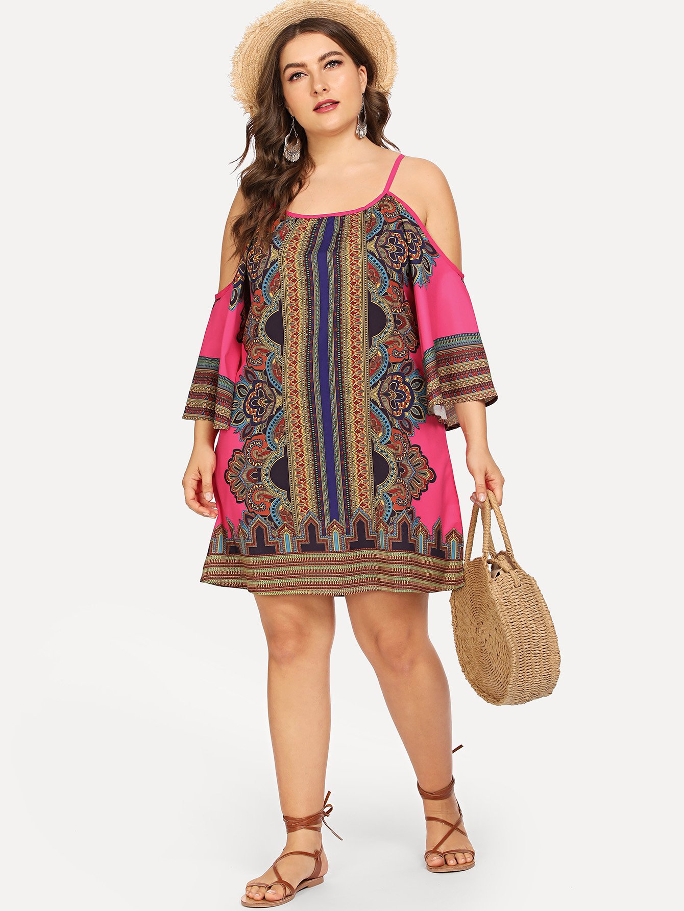Плюс Geo Print Kimono Sleeve Cold Shoulder Dress