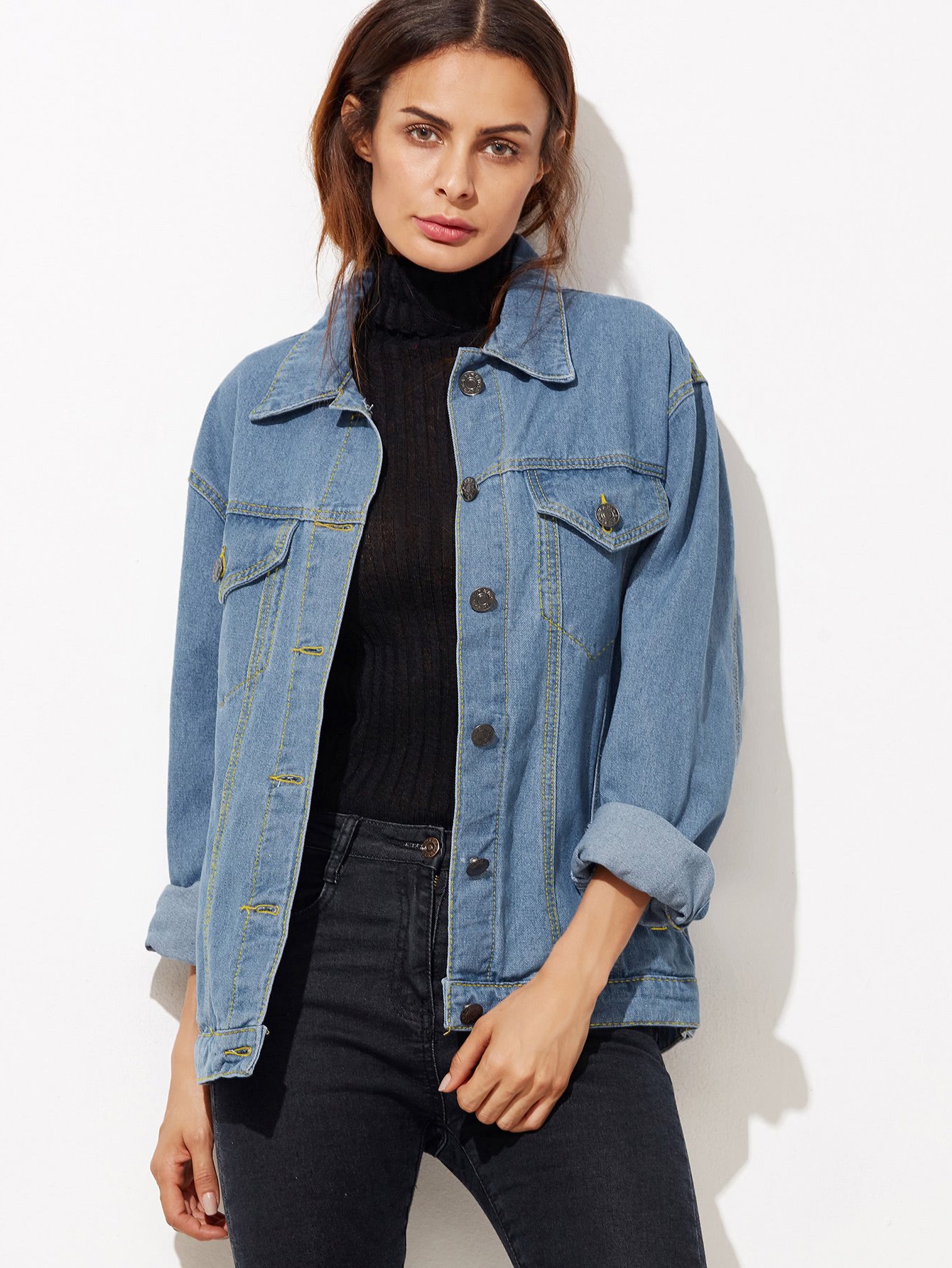 Blue Button Front Pockets Denim Jacket
