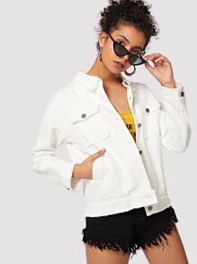 Solid Raw Hem Pocket Front Denim Jacket