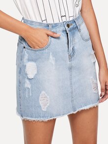 Ripped Raw Hem Denim Skirt