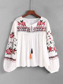 Tassel Tie Embroidered Blouse