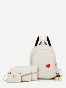 Embroidered Detail Backpack With Bear Charm 4pcs