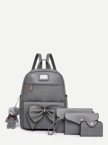 Bow Decor Backpack With Bear Charm 4pcs
