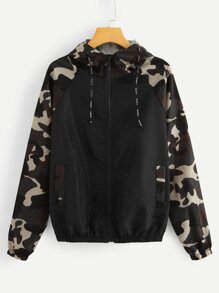 Contrast Camo Panel Raglan Sleeve Jacket