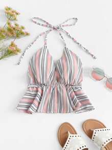 Striped Ruffle Hem Halter Top