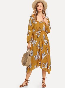 Tie Waist Button Detail Floral Dress